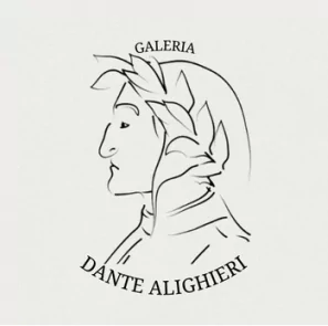 Logotipo com rosto masculinoi escrito 'Galeria Dante Alighieri'