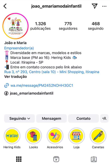Captura de tela do perfil da loja no instagram