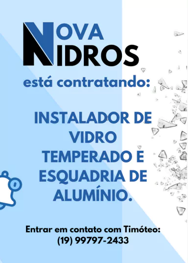 Imagem com fundo azul e branco contendo pedaços de vidro e as informações para contato