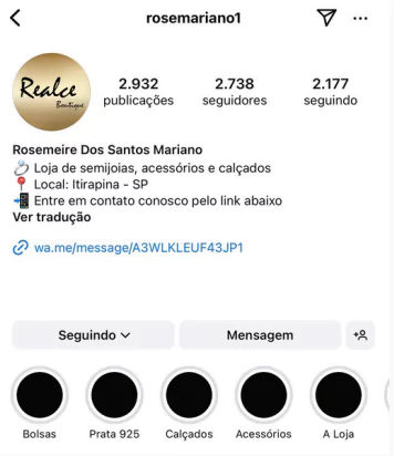 Captura de tela do cabeçalho do perfil da loja no instagram