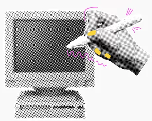Imagem de um computador e uma mão segurando uma caneta